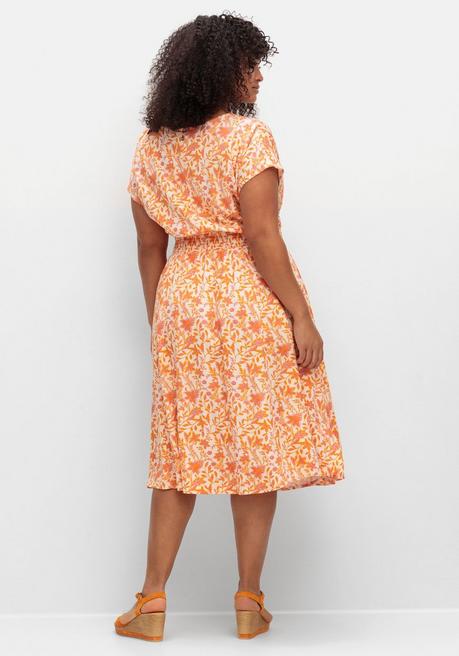 Sheego Midikleid Mit Smokbund Und Weitem Rock - Apricot Gemustert Sheego