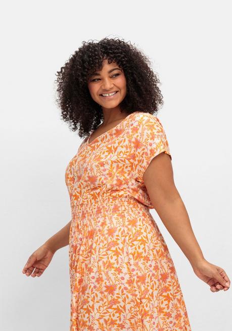 Sheego Midikleid Mit Smokbund Und Weitem Rock - Apricot Gemustert Sheego