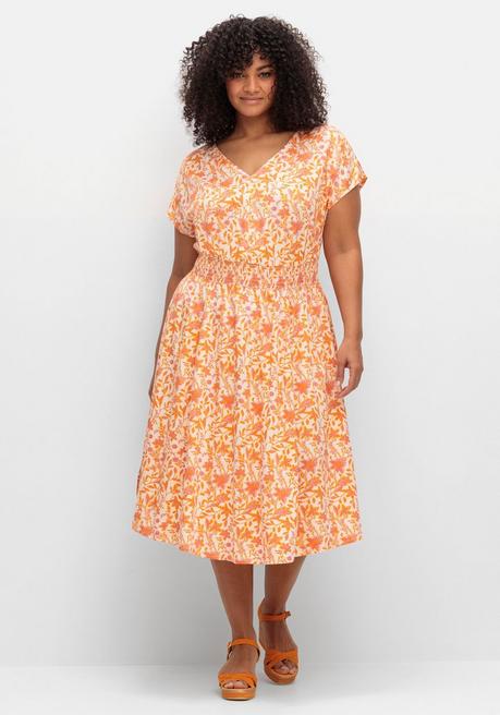 Sheego Midikleid Mit Smokbund Und Weitem Rock - Apricot Gemustert Sheego