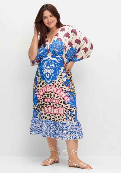 sheego loves miss goodlife Midikleid mit V-Ausschnitt und Volant am Saum - blau gemustert sheego