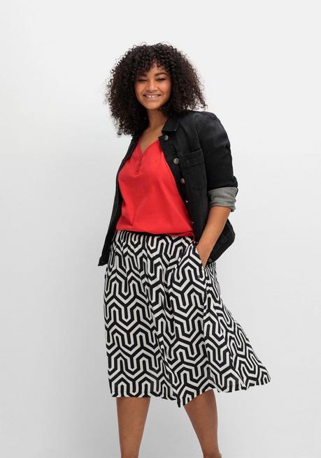 Sheego Midirock Mit Grafischem Muster Und Kontrastbund - Schwarz-weiß Gemustert Sheego