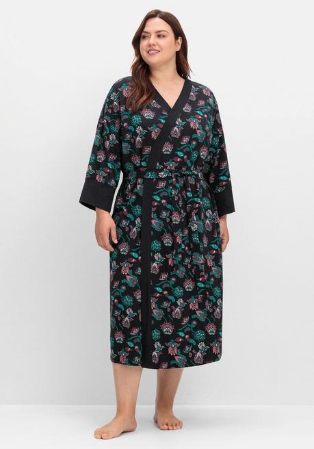 Sheego Morgenmantel Mit Bindegürtel Und Seitlichen Taschen - Schwarz Bedruckt Sheego
