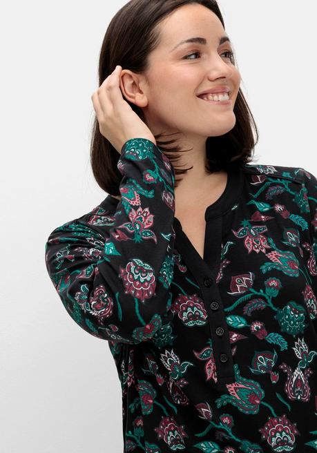 Sheego Nachthemd Mit Blumenprint Und Knopfleiste - Schwarz Bedruckt Sheego