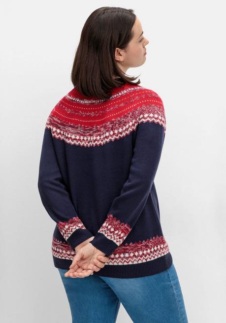 Sheego Norwegerpullover Im Jacquardstrick, Mit Raglanärmeln - Nachtblau Gemustert Sheego