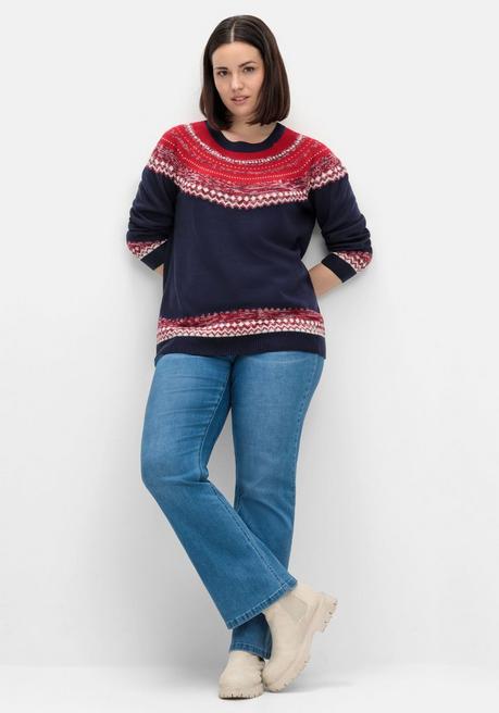 Sheego Norwegerpullover Im Jacquardstrick, Mit Raglanärmeln - Nachtblau Gemustert Sheego