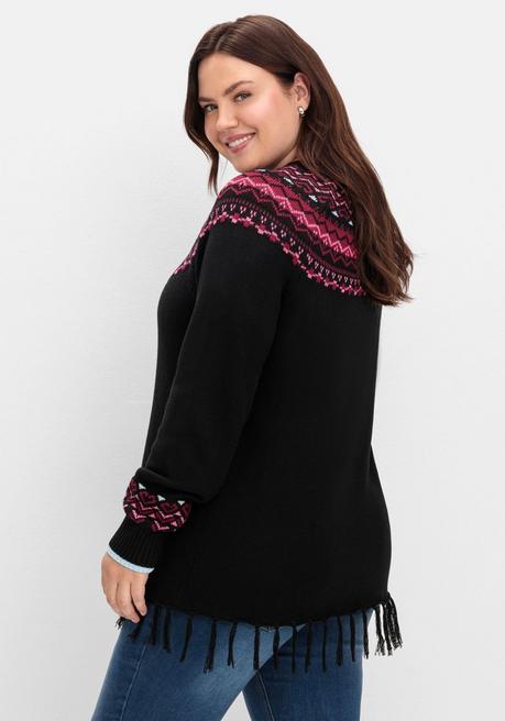 Sheego Norwegerpullover Mit Fransen Am Saum - Schwarz Gemustert Sheego