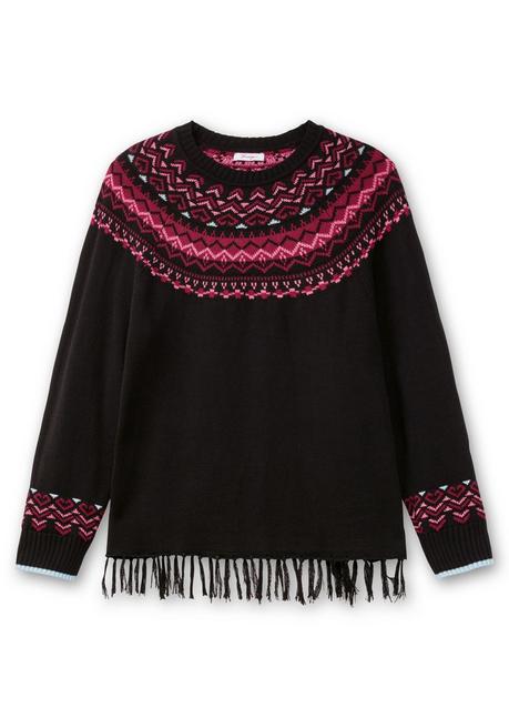 Sheego Norwegerpullover Mit Fransen Am Saum - Schwarz Gemustert Sheego