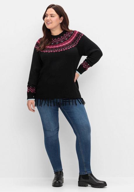 Sheego Norwegerpullover Mit Fransen Am Saum - Schwarz Gemustert Sheego