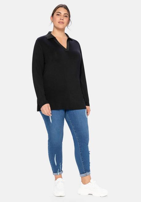 Sheego Poloshirt Mit Langem Arm, Aus Viskosejersey - Schwarz Sheego