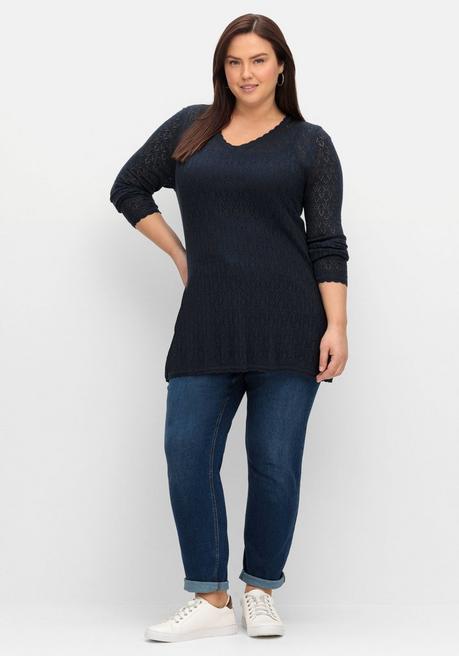 Sheego Pullover Aus Ajourstrick, In Leichter A-Linie - Nachtblau Sheego