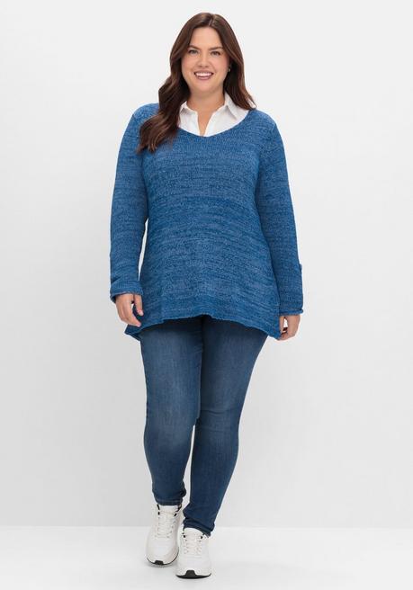 Sheego Pullover Aus Bändchengarn, Mit Krempelärmeln - Blaubeere Meliert Sheego