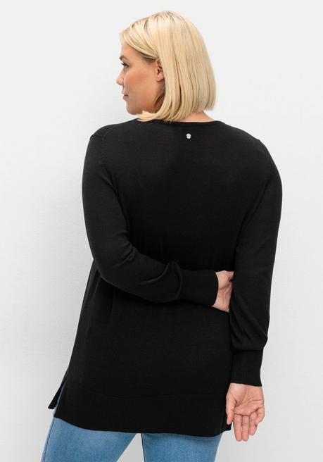 Sheego Pullover Aus Leichtem Strick, Mit V-Ausschnitt - Schwarz Sheego