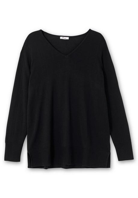 Sheego Pullover Aus Leichtem Strick, Mit V-Ausschnitt - Schwarz Sheego