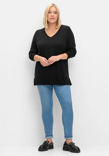 Sheego Pullover Aus Leichtem Strick, Mit V-Ausschnitt - Schwarz Sheego