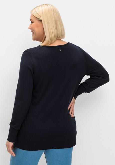 Sheego Pullover Aus Leichtem Strick, Mit V-Ausschnitt - Tiefblau Sheego