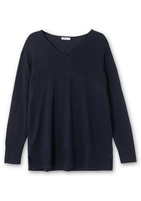 Sheego Pullover Aus Leichtem Strick, Mit V-Ausschnitt - Tiefblau Sheego