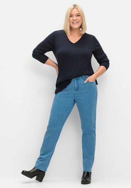 Sheego Pullover Aus Leichtem Strick, Mit V-Ausschnitt - Tiefblau Sheego