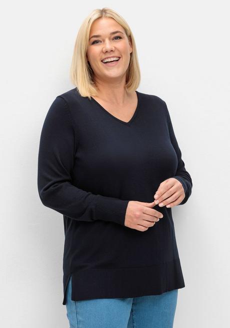 Sheego Pullover Aus Leichtem Strick, Mit V-Ausschnitt - Tiefblau Sheego