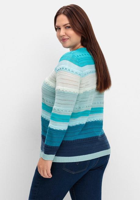 Sheego Pullover Im Colorblocking Und Ajourstrickmuster - Mint Gestreift Sheego