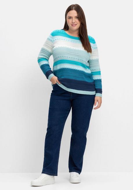 Sheego Pullover Im Colorblocking Und Ajourstrickmuster - Mint Gestreift Sheego