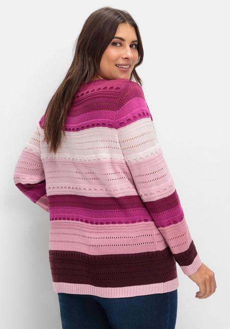 Sheego Pullover Im Colorblocking Und Ajourstrickmuster - Rosé Gestreift Sheego