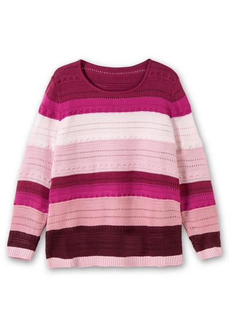 Sheego Pullover Im Colorblocking Und Ajourstrickmuster - Rosé Gestreift Sheego