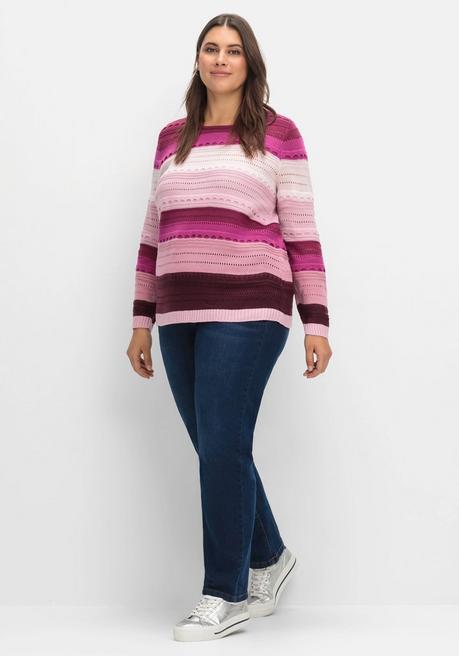 Sheego Pullover Im Colorblocking Und Ajourstrickmuster - Rosé Gestreift Sheego