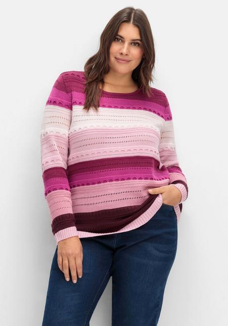 Sheego Pullover Im Colorblocking Und Ajourstrickmuster - Rosé Gestreift Sheego