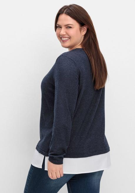 Sheego Pullover Im Lagenlook, Mit Blusenbesatz - Tiefblau Meliert Sheego