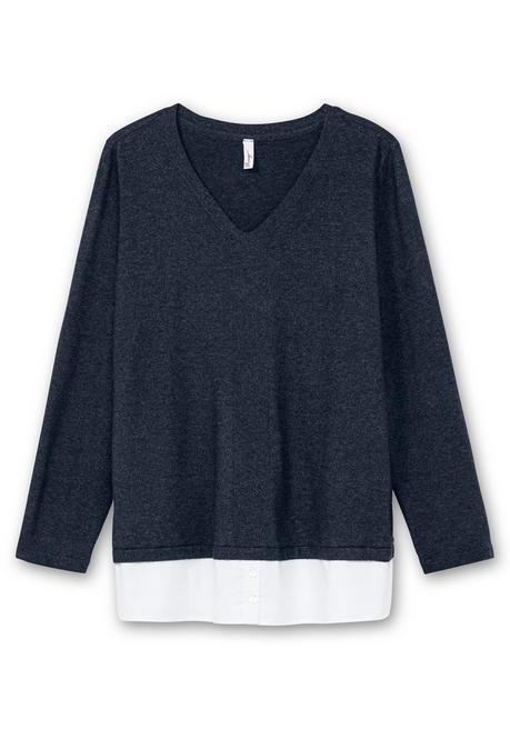 Sheego Pullover Im Lagenlook, Mit Blusenbesatz - Tiefblau Meliert Sheego