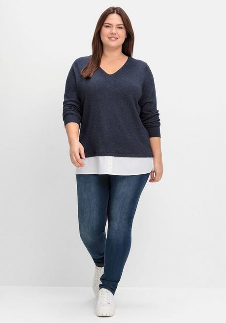 Sheego Pullover Im Lagenlook, Mit Blusenbesatz - Tiefblau Meliert Sheego