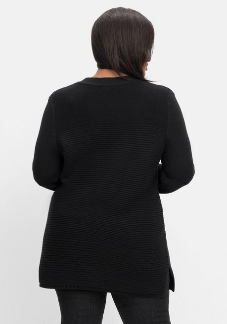 Sheego Pullover Im Strukturmix, Mit Tiefem V-Ausschnitt - Schwarz Sheego