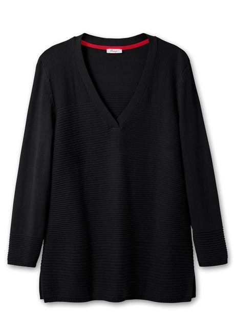 Sheego Pullover Im Strukturmix, Mit Tiefem V-Ausschnitt - Schwarz Sheego