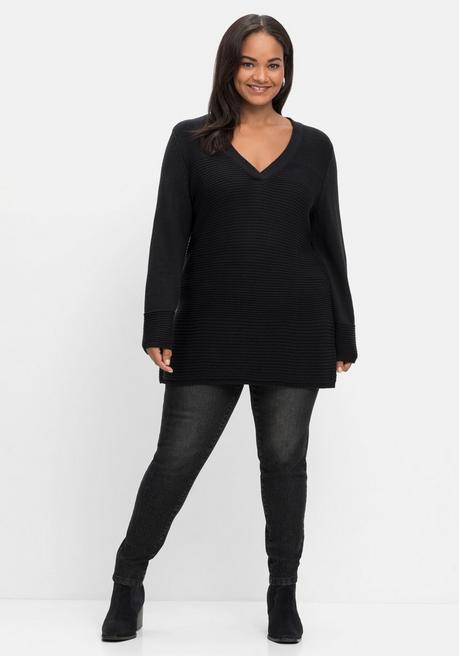 Sheego Pullover Im Strukturmix, Mit Tiefem V-Ausschnitt - Schwarz Sheego