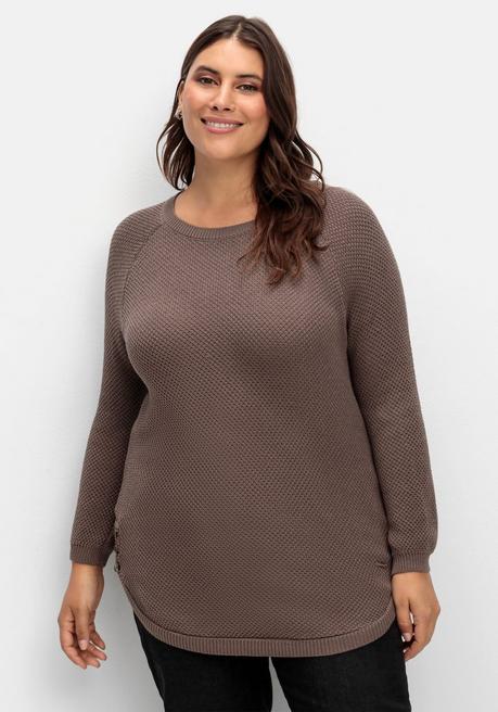 Sheego Pullover Im Strukturstrick, Mit Zierknöpfen Seitlich - Dunkeltaupe Sheego