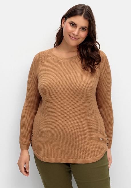 Sheego Pullover Im Strukturstrick, Mit Zierknöpfen Seitlich - Camelfarben Sheego