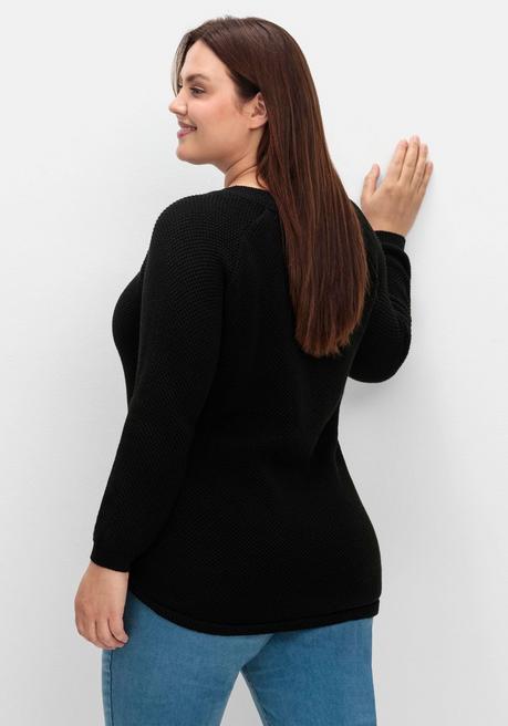 Sheego Pullover Im Strukturstrick, Mit Zierknöpfen Seitlich - Schwarz Sheego