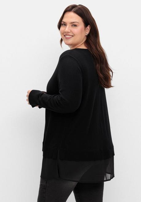 Sheego Pullover In A-Linie, Mit Chiffonbesatz Am Saum - Schwarz Sheego