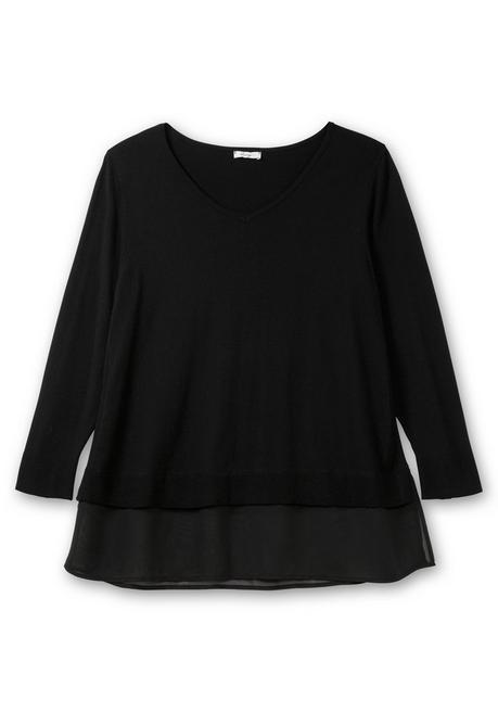 Sheego Pullover In A-Linie, Mit Chiffonbesatz Am Saum - Schwarz Sheego