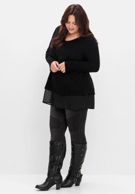 Sheego Pullover In A-Linie, Mit Chiffonbesatz Am Saum - Schwarz Sheego