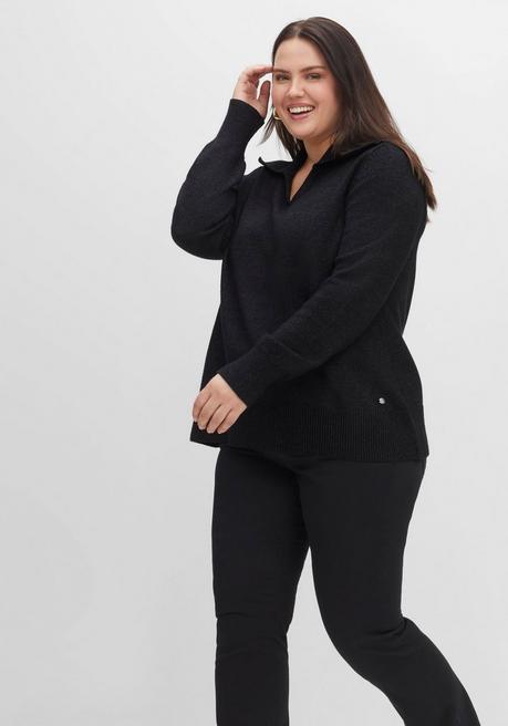 Sheego Pullover In A-Linie, Mit Großem Rippstrick-Kragen - Schwarz Meliert Sheego