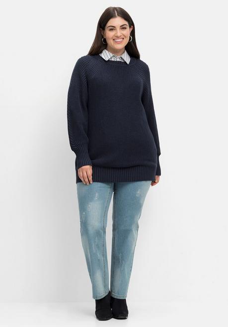 Sheego Pullover In Perlfangstruktur, Mit Zopfmuster - Nachtblau Sheego