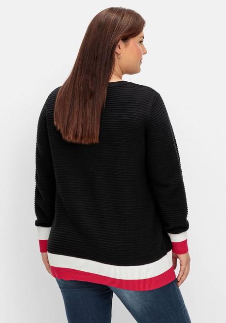 Sheego Pullover In Rippoptik, Mit Ringelbündchen - Schwarz Sheego