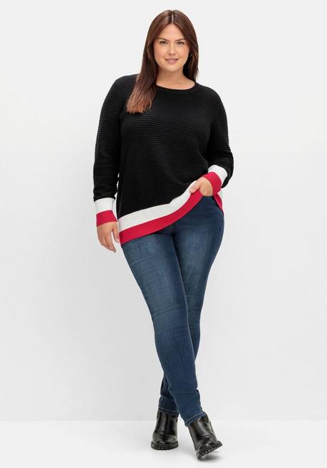 Sheego Pullover In Rippoptik, Mit Ringelbündchen - Schwarz Sheego