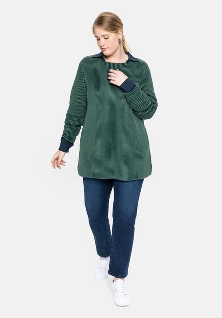 Sheego Pullover In Zweifarbiger Rippstruktur - Tiefgrün Sheego