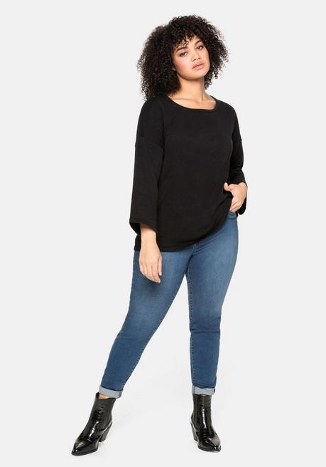 Sheego Pullover Mit 7/8-Trompetenärmeln, Aus Flammgarn - Schwarz Sheego