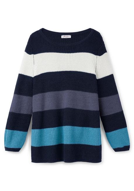 Sheego Pullover Mit Blockstreifen, In Perlfangstruktur - Nachtblau Gestreift Sheego