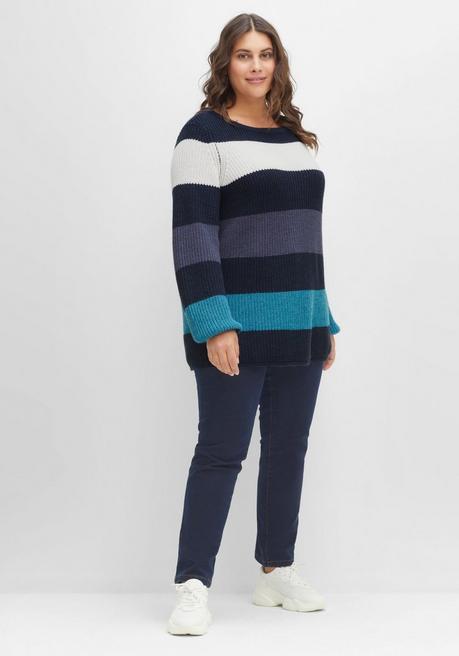 Sheego Pullover Mit Blockstreifen, In Perlfangstruktur - Nachtblau Gestreift Sheego