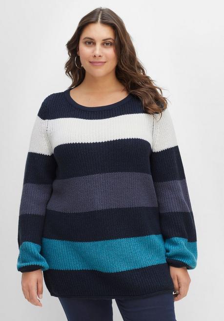 Sheego Pullover Mit Blockstreifen, In Perlfangstruktur - Nachtblau Gestreift Sheego