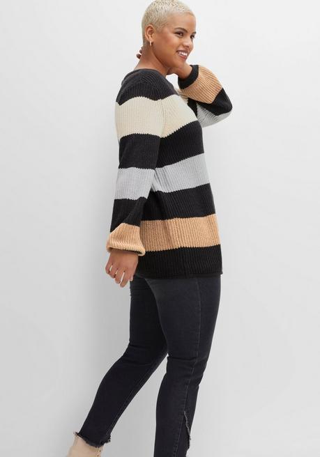 Sheego Pullover Mit Blockstreifen, In Perlfangstruktur - Schwarz Gemustert Sheego